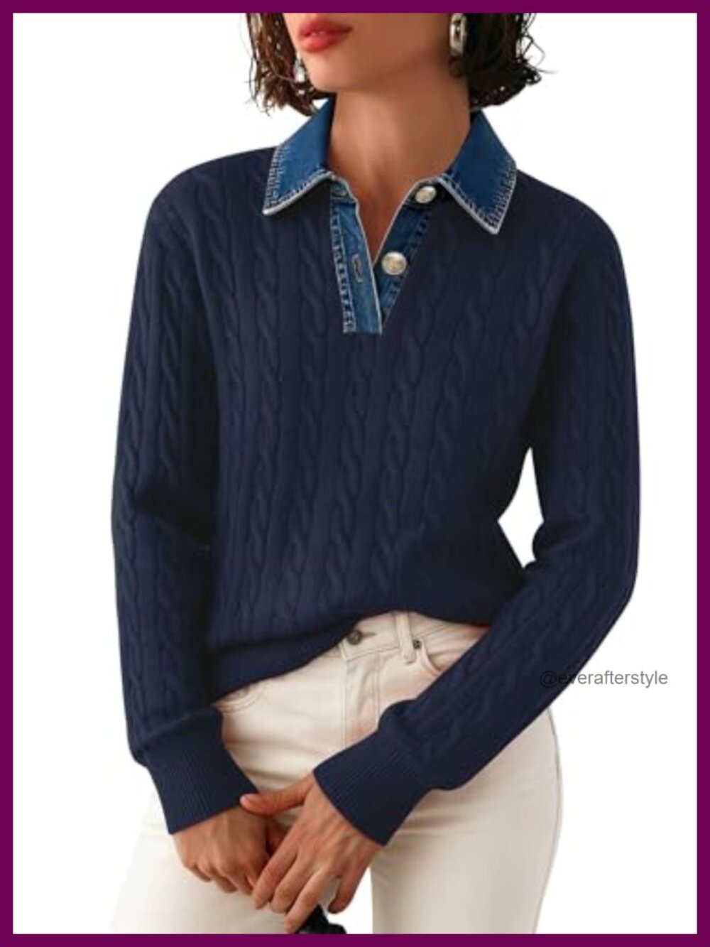 SAUKOLE Denim Lapel V Neck Cable Knit Pullover Sweater